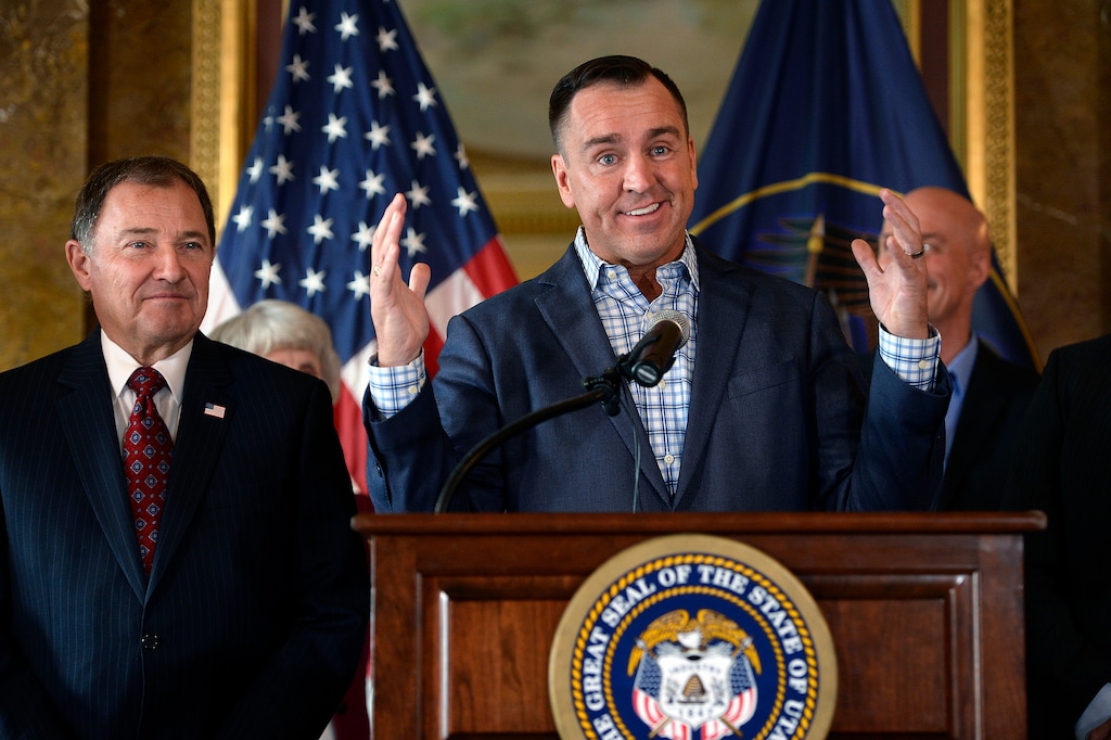(Scott Sommerdorf   |  The Salt Lake Tribune)   Utah Governor Gary Herbert, left, listens as House Speaker Greg Hughes, R-Draper, speaks about the successful expansion of the Medicare program in Utah, Wednesday, November 1, 2017. 