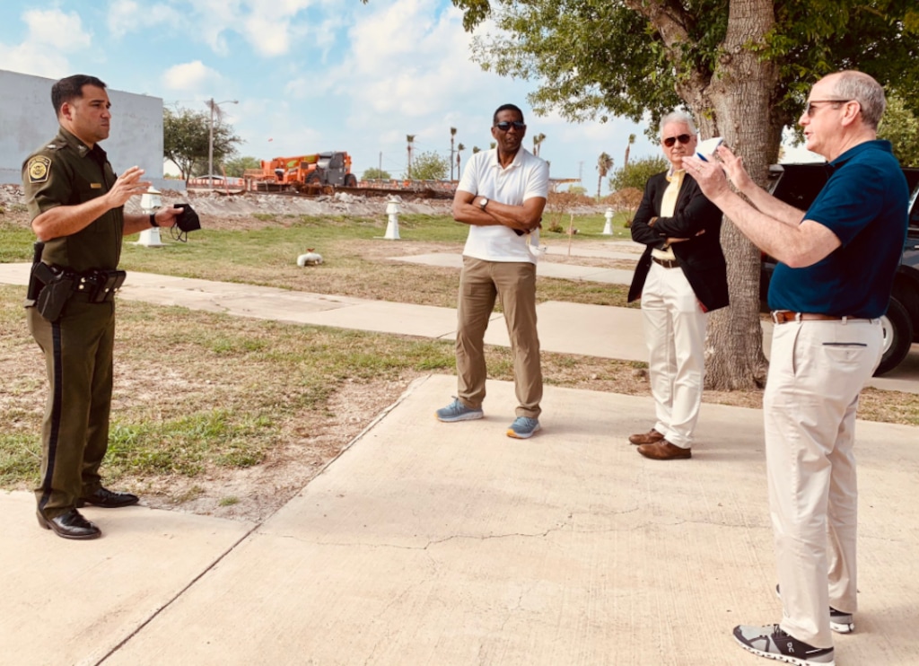 (House Judiciary Republicans) Rep. Burgess Owens, R-Utah, and Republican colleagues on the House Judiciary Committee speak to a border agent during a visit to Texas on April 6, 2021.