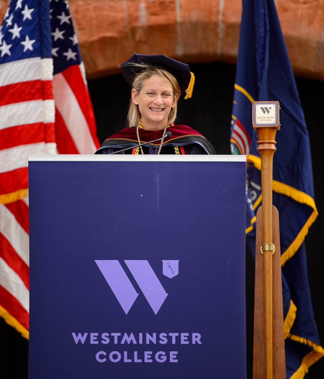 (Trent Nelson | The Salt Lake Tribune)  
Bethami Dobkin speaks at her inauguration as Westminster College's 19th president in front of the school's Converse Hall in Salt Lake City, Saturday, Sept. 29, 2018.