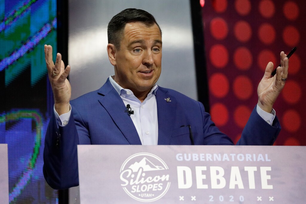 (AP Photo | Rick Bowmer) Former Utah House Speaker Greg Hughes speaks during a debate for Utah's 2020 gubernatorial race Friday, Jan. 31, 2020, in Salt Lake City. Six candidates vying for the GOP nomination in the Utah governor's race meet for their first debate. The debate is part of the Silicon Slopes Tech Summit, a conference for the state's burgeoning tech sector.