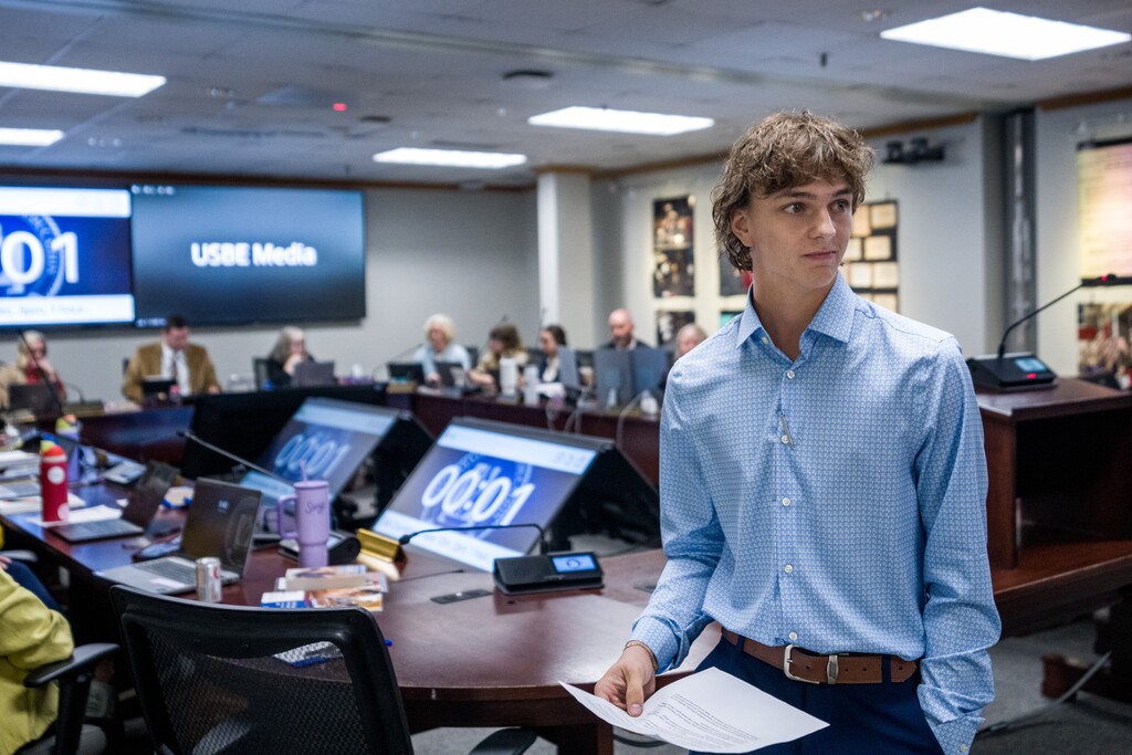 (Trent Nelson  |  The Salt Lake Tribune) Brigham Stander, 17, after speaking to the Utah State Board of Education regarding the Turning Point USA chapter at Fremont High School in Salt Lake City on Thursday, Oct. 2, 2025.