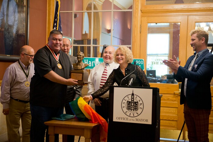 (Rachel Molenda | The Salt Lake Tribune)
Salt Lake City Mayor Jackie Biskupski, second from right, unveils a bust of gay rights activist Harvey Milk after she was given the Harvey Milk Civil Rights Award by the International Imperial Court at the Salt Lake City-County Building in Salt Lake City, Utah, on Friday, May 25, 2018.