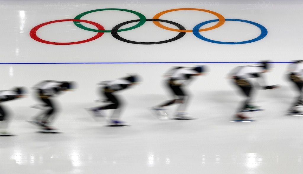 Speed skaters train at the Gangneung Oval during a training session before the 2018 Winter Olympics in Gangneung, South Korea, Wednesday, Feb. 7, 2018. (AP Photo/John Locher)