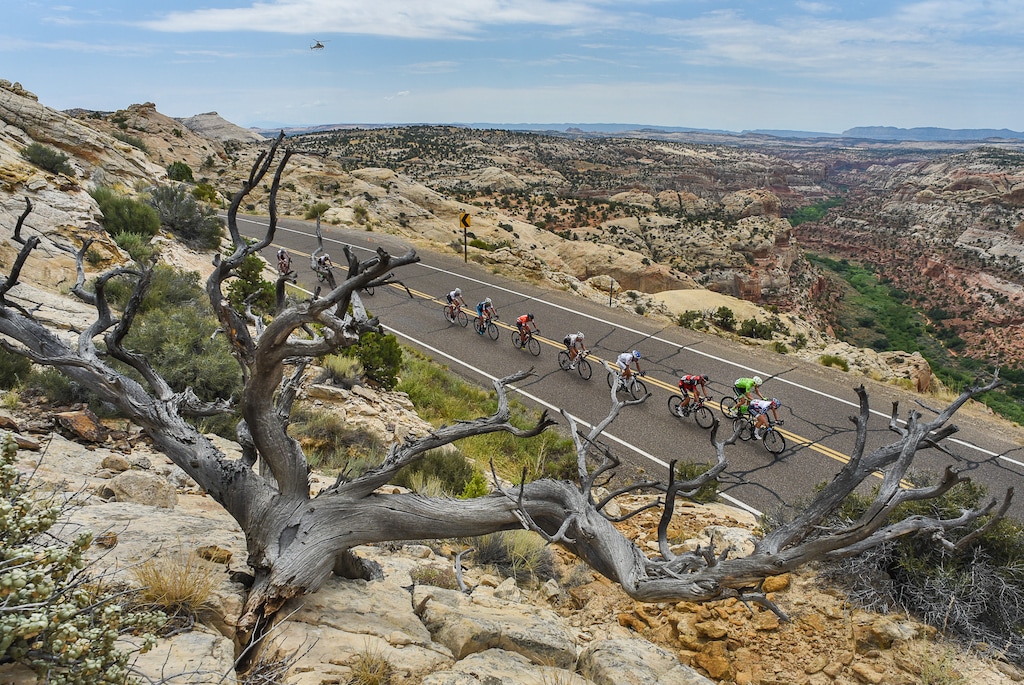 Francisco Kjolseth | The Salt Lake Tribune
Cyclists race along the scenic Byway 12 above Calf Creek with the Grand Staircase-Escalante National Monument beyond on Tuesday, Aug. 2, 2016, as part of stage 2 of the Tour of Utah cycling race.