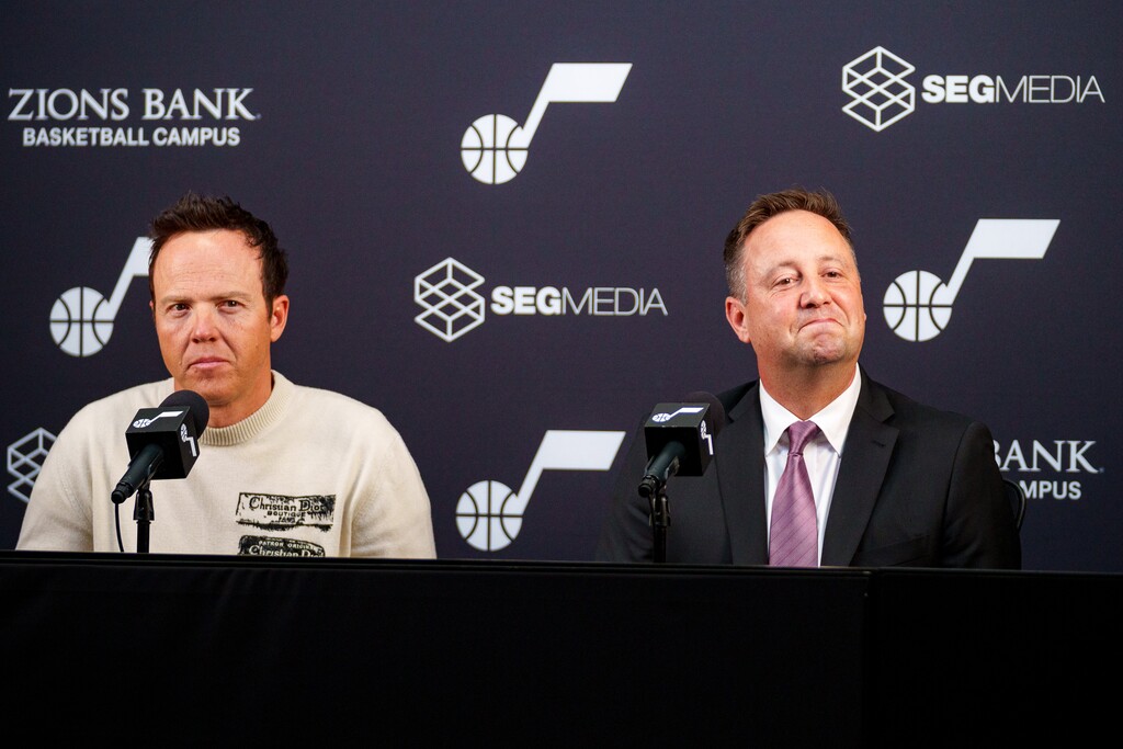(Trent Nelson  |  The Salt Lake Tribune) Utah Jazz owner Ryan Smith, left, and the team's president of basketball operations, Austin Ainge, speak during a news conference.