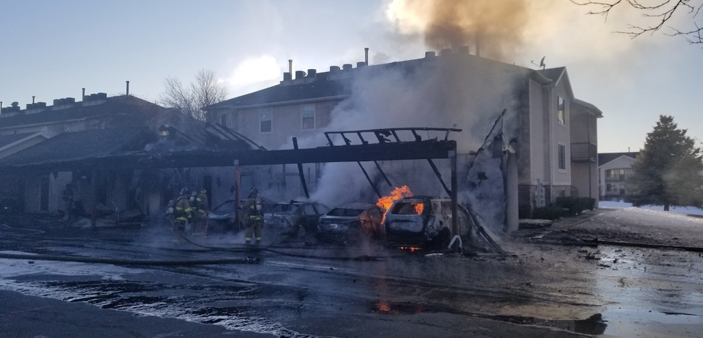 (Photo courtesy of the Orem Fire Department) Several cars and storage units were damaged during a fire that broke out near an Orem apartment complex on Monday, Jan. 13, 2020.
