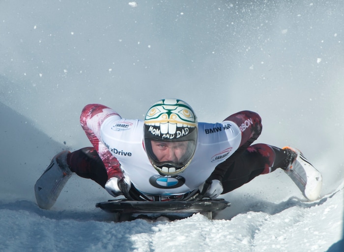 (Rick Egan  |  The Salt Lake Tribune)   Kevin Boyer, Canada, competes in the BMW IBSF World Cup Men's Skeleton competition, Saturday, November 18, 2017.