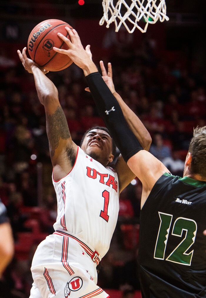 (Rick Egan  |  The Salt Lake Tribune)  Hawaii Warriors forward Jack Purchase (12) blocks a shot by Utah Utes guard Justin Bibbins (1),in basketball action, Utah Utes vs Hawaii Warriors, at the Jon M. Huntsman Center, Saturday, December 2, 2017.