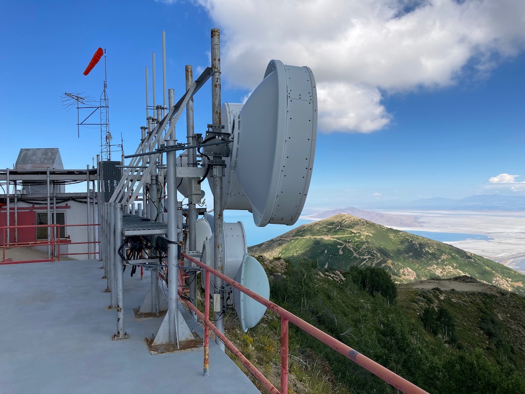 (KRCL) Radio microwave dishes overlook the Great Salt Lake atop Farnsworth Peak. KRCL says a freeze on FEMA funding has cut off the station's access to a grant meant to improve emergency alert infrastructure.