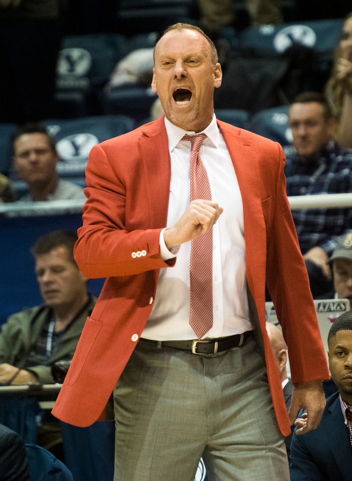 (Rick Egan  |  The Salt Lake Tribune)   Utah Utes head coach Larry Krystkowiak shows his frustration, as the Brigham Young Cougars defeated the Utah Utes 77-65, in basketball action Utah Utes vs. Brigham Young Cougars at the Marriott Center in Provo, Saturday, December 15, 2017.



