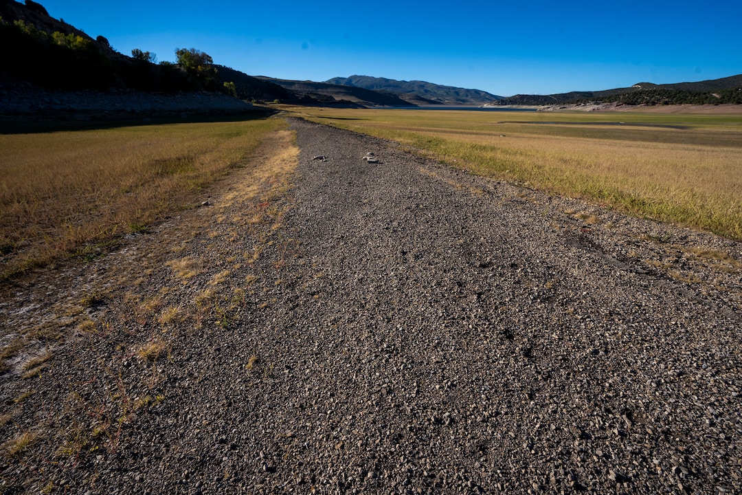 (Rick Egan | The Salt Lake Tribune)  Drought conditions have lowered the level of Rockport Reservoir to reveal roads and remnants of an old pioneer ghost town. Monday, Sept. 20, 2021.
