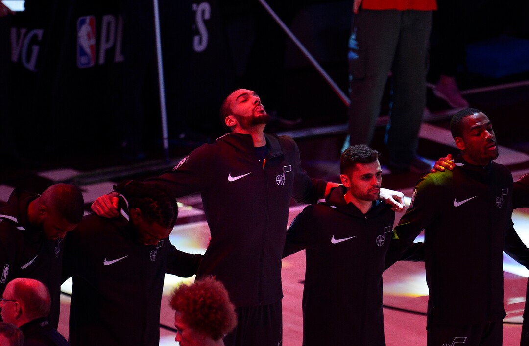 (Scott Sommerdorf | The Salt Lake Tribune)Utah Jazz center Rudy Gobert (27) is alone with his thoughts during the national anthem prior to game 3. The Houston Rockets led the Utah Jazz 70-40 at the half of game 3, Friday, May 4, 2018.