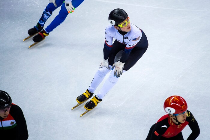 (Chris Detrick  |  The Salt Lake Tribune) John-Henry Krueger of the United States during the Men's 500m Short Track Speed Skating at Gangneung Ice Arena Pyeongchang 2018 Winter Olympics Tuesday, Feb. 20, 2018. 