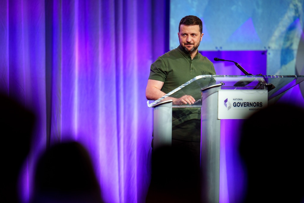 (Trent Nelson  |  The Salt Lake Tribune) Ukrainian President Volodymyr Zelenskyy receives a standing ovation at the National Governors Association’s summer meeting in Salt Lake City on Friday, July 12, 2024.