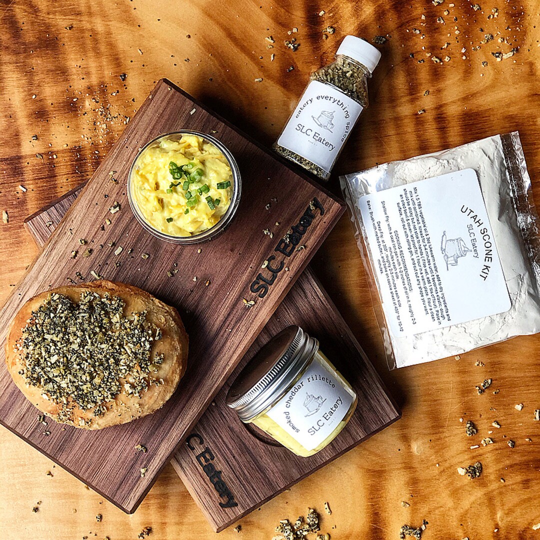(Photo courtesy of SLC Eatery) The scone kit at SLC Eatery includes a walnut serving board, smoked cheddar rillette and the restaurant's  “Everything Spice”.