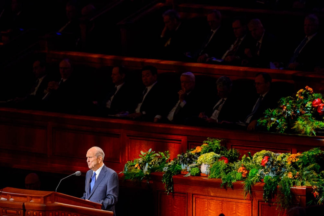 (Trent Nelson  |  The Salt Lake Tribune)  President Russell M. Nelson speaks during the morning session of the189th Annual General Conference of The Church of Jesus Christ of Latter-day Saints in Salt Lake City on Sunday April 7, 2019.