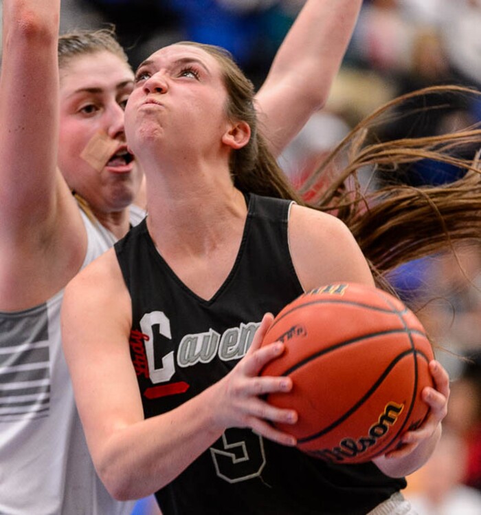 (Trent Nelson | The Salt Lake Tribune)  American Fork's Savana Stephenson (3) defended by Riverton's Morgan Kane (33) as Riverton faces American Fork in the 6A High School Girls' Basketball Tournament at SLCC in Taylorsville, Tuesday Feb. 20, 2018.