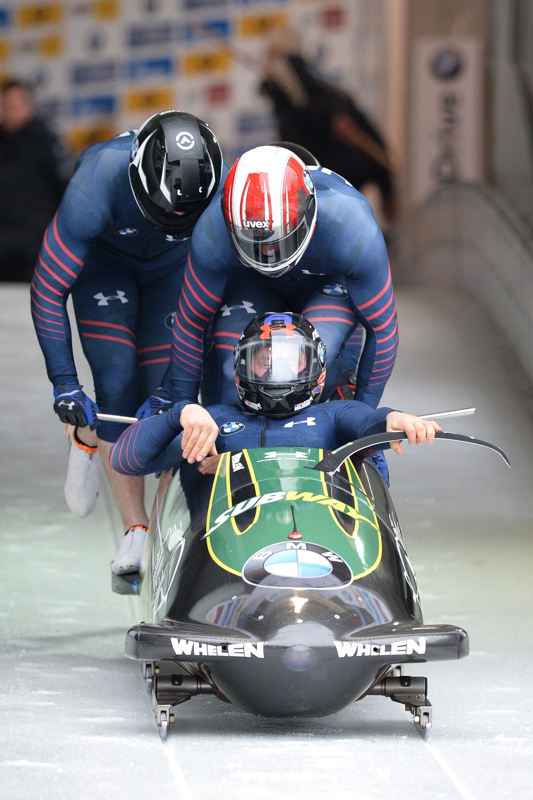 Unites States' driver Steven Holcomb, front, and his pushers Frank Delduca, Carlo Valdes and Samuel Michener start their first run of the four-man bob race at the bob World Cup in Koenigssee, southern Germany, Sunday, Feb. 28, 2016. (AP Photo/Kerstin Joensson)
