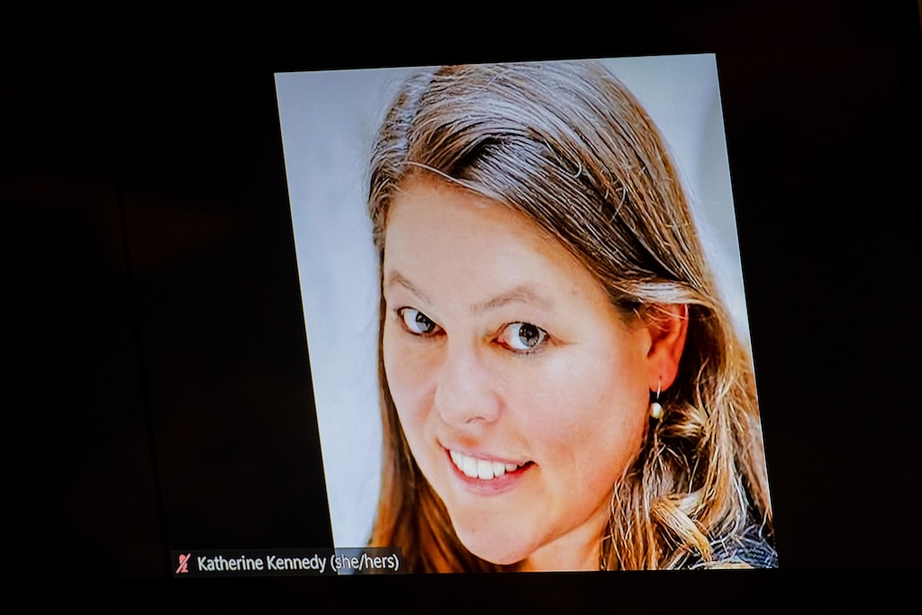 (Trent Nelson  |  The Salt Lake Tribune) Salt Lake City School District Board member Katherine Kennedy appears virtually at a meeting on Tuesday, Aug. 2, 2022.