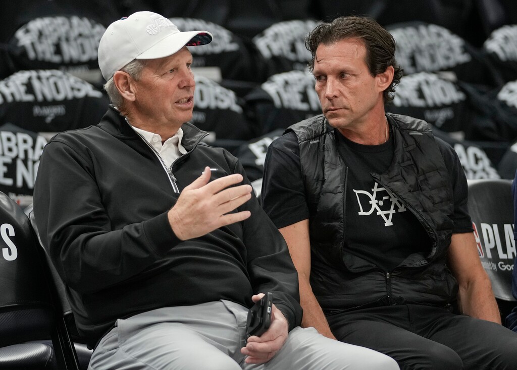 (Leah Hogsten | The Salt Lake Tribune) l-r Danny Ainge, Utah Jazz CEO of Basketball Operations and Utah Jazz head coach Quin Snyder talk on the sidelines prior to Game 6 of the 2022 NBA first-round playoff series against the Dallas Mavericks, Saturday, April 23, 2022, in Salt Lake City.