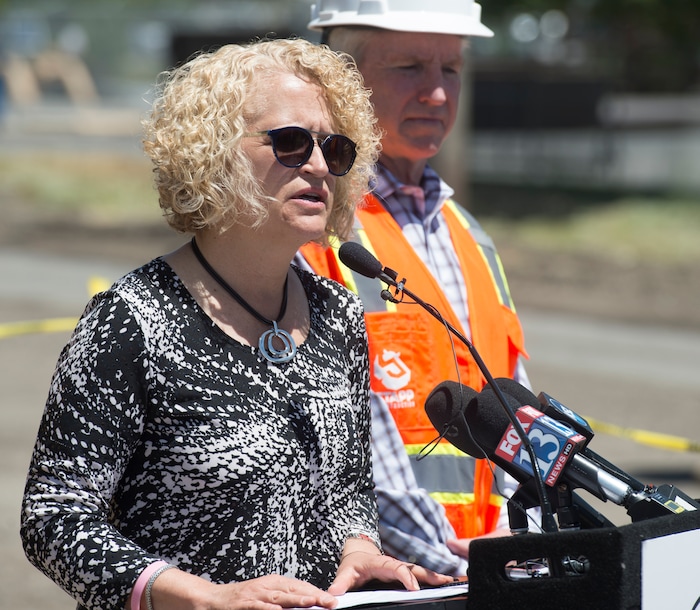 (Rick Egan | The Salt Lake Tribune) Salt Lake City Mayor Jackie Biskupski announces the start of the city’s 2018 road construction season. A total of ten projects are scheduled for completion by the City’s Engineering Division through a combined investment of $5 million. Monday, June 11, 2018.