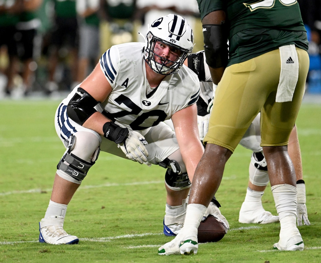 (Jason Behnken | AP) BYU center Connor Pay (70) during an NCAA college football game against South Florida Saturday, Sept. 3, 2022, in Tampa, Fla.
