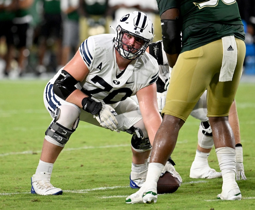 (Jason Behnken | AP) BYU center Connor Pay (70) during an NCAA college football game against South Florida Saturday, Sept. 3, 2022, in Tampa, Fla.