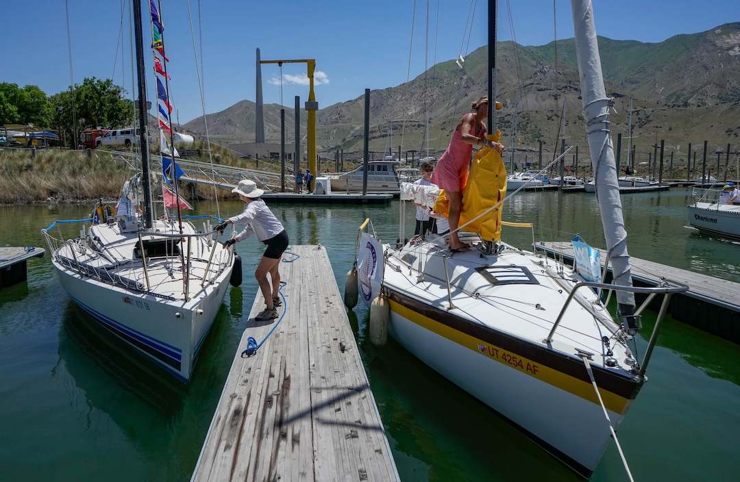 (Francisco Kjolseth  |  The Salt Lake Tribune) Sailboats get ready to depart the Great Salt Lake Marina on Saturday, June 15, 2024, to participate in the first Sailfest regatta following a five-year hiatus because of low lake levels and the pandemic. 