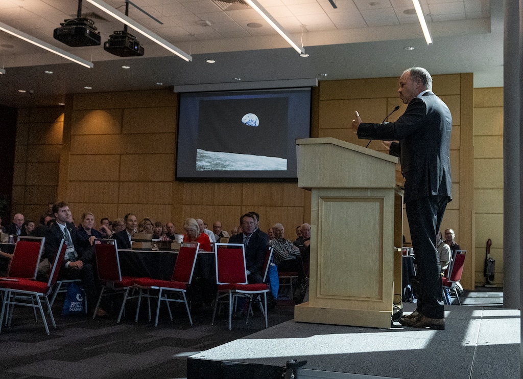 (Leah Hogsten | The Salt Lake Tribune) State Rep. Timothy Hawkes, R-Centerville, leads a discussion on climate change and its effects at Friday's Conservative Climate Summit, on Oct. 14, 2022.