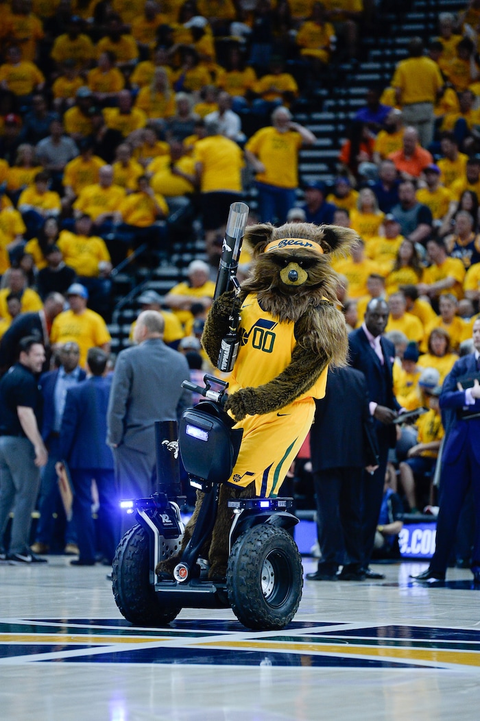 (Francisco Kjolseth | The Salt Lake Tribune) The Jazz bear launches shirts into the fans during a time out as the Utah Jazz take on the Houston Rockets in Game 4 of the NBA playoffs at the Vivint Smart Home Arena Sunday, May 6, 2018 in Salt Lake City.