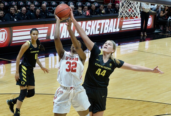 Scott Sommerdorf | The Salt Lake TribuneOregon Ducks forward Mallory McGwire (44) blocked this first half shot by Utah Utes forward Tanaeya Boclair (32). Oregon defeated Utah 84-68, Sunday, January 28, 2018.