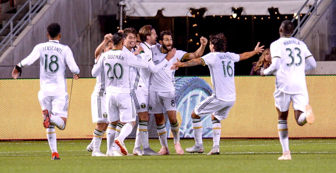 Leah Hogsten  |  The Salt Lake Tribune  Portland Timbers celebrate their 4th goal in the second half. Portland Timbers defeated Real Salt Lake 4-1 at Rio Tinto Stadium in Sandy, Saturday, Oct. 6, 2018.