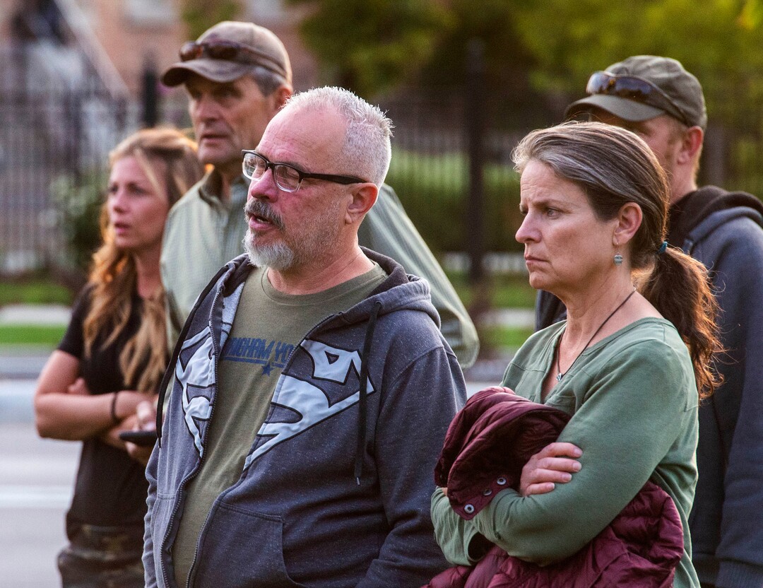 (Rick Egan  |  The Salt Lake Tribune)     Several people carried guns, but no one was wearing masks, as a couple of hundred people gather at the Provo Courthouse for the Utah County Freedom Rally on Friday, Oct. 2, 2020.