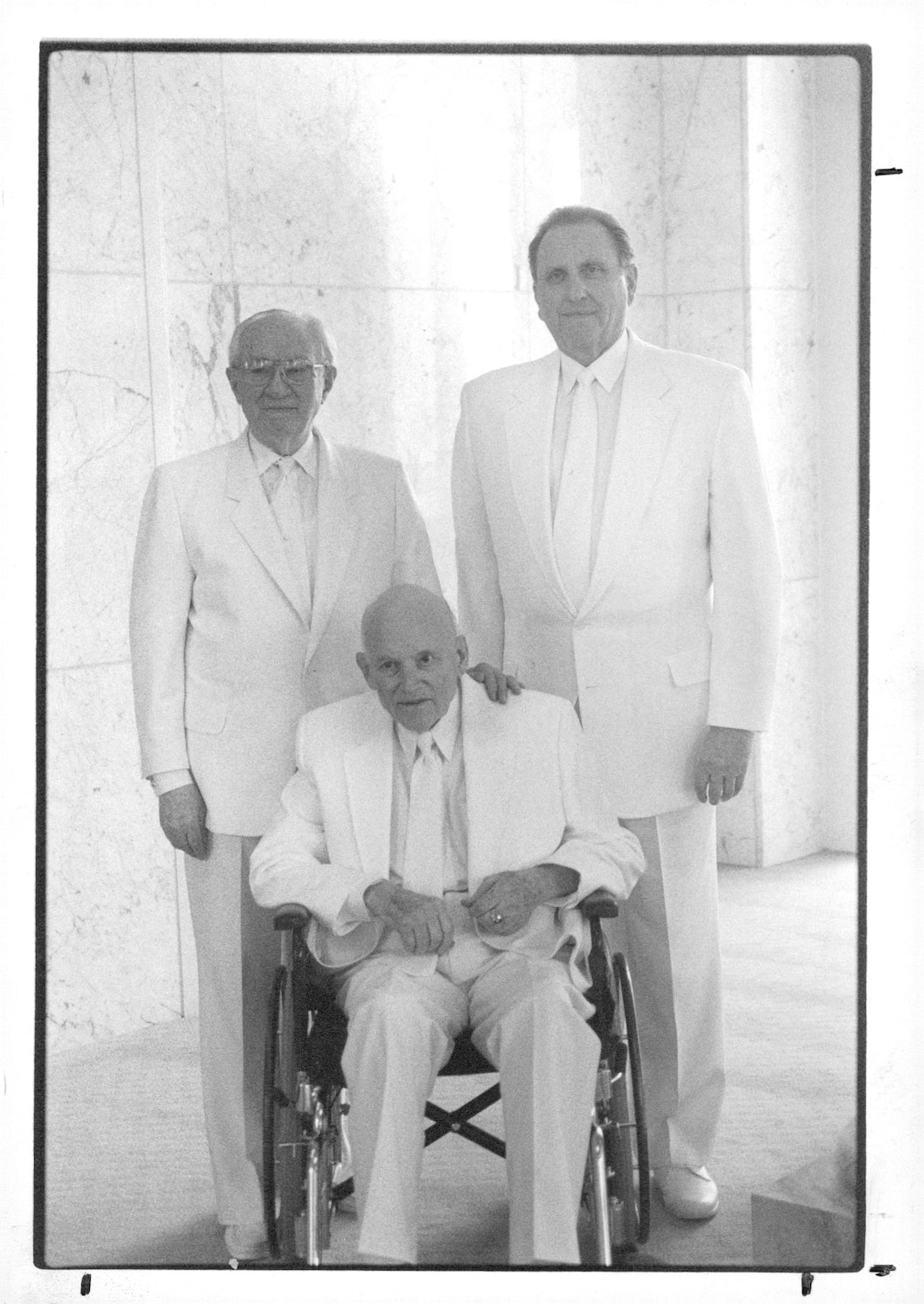 (Tribune file photo) Left to right, Gordon B. Hinckley, President Howard W. Hunter, and Thomas S. Monson at the Bountiful Utah Temple on Jan. 10, 1995.