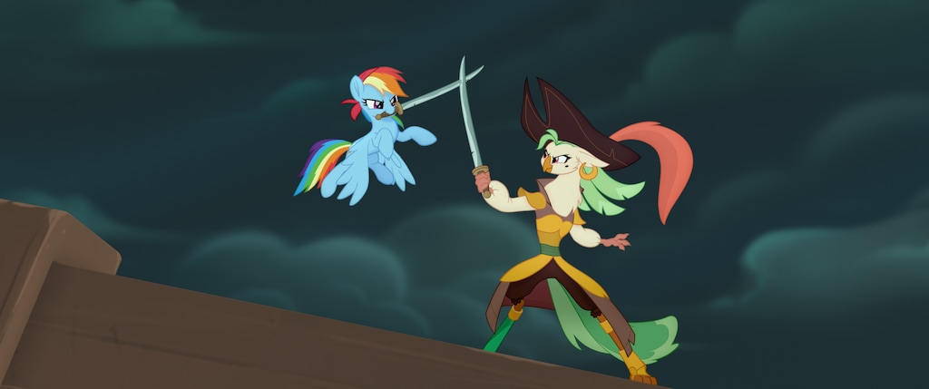 (Courtesy Lionsgate) Rainbow Dash (left, voiced by Ashleigh Ball) faces off against Captain Celaeno (voiced by Zoe Saldana) in a scene from "My Little Pony: The Movie."