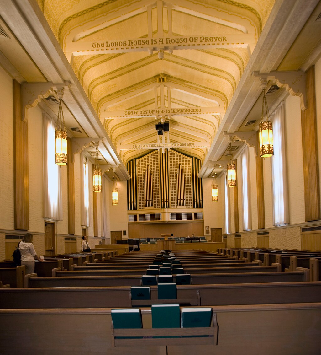 (Al Hartmann/The Salt Lake Tribune) The University Ward at 160 S. University St. in Salt Lake City, built in 1924, shows an art deco style. It also has a large tile mural of the Sermon on the Mount outside. It is a long narrow chapel modeled after Protestant churches with biblical and LDS scriptures painted on the ceiling beams. 7/12/2009
