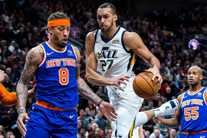 (Chris Detrick  |  The Salt Lake Tribune)  New York Knicks forward Michael Beasley (8) and Utah Jazz center Rudy Gobert (27) during the game at Vivint Smart Home Arena Friday, January 19, 2018.  