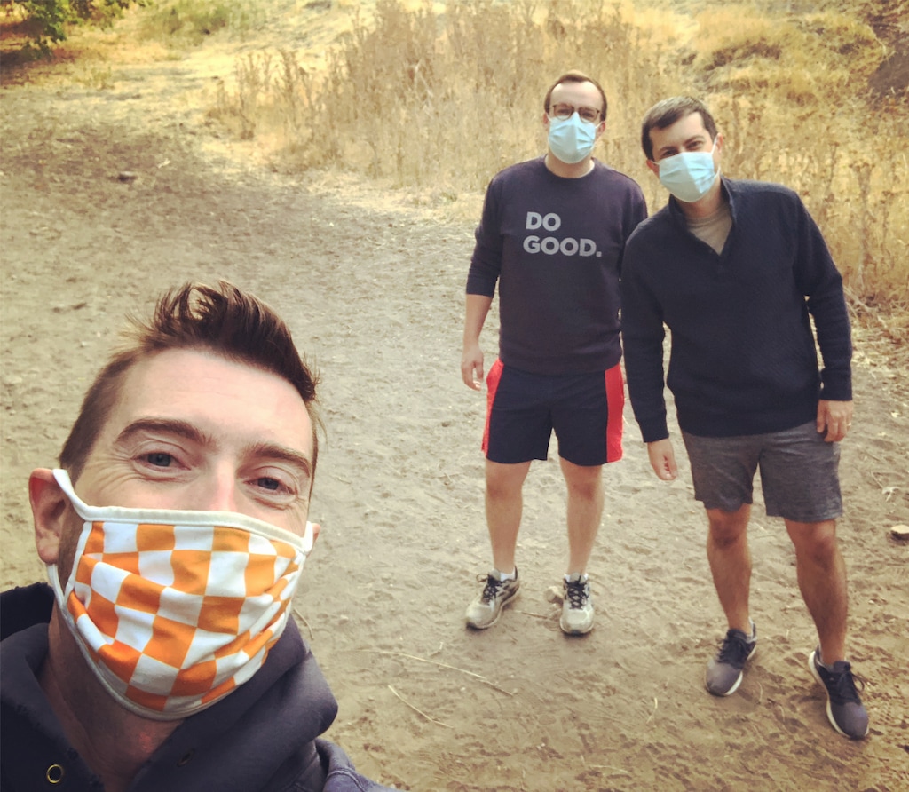 (Photo courtesy of John Michael Pantlik)

John Michael Pantlik with Chasten and Pete Buttigieg in Salt Lake City's Memory Grove, Oct. 3, 2020.