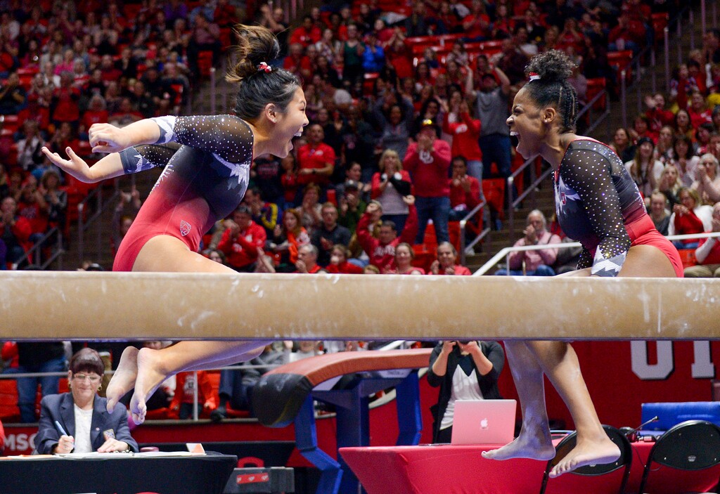(Leah Hogsten | Tribune file photo) l-r Utah's Cristal Isa during her 9.950 performance on the beam with teammate Cammy Hall. The University of Utah Red Rocks defeated Oregon State, 197.100 to 196.275, Saturday, Feb. 15, 2020 at the Jon M. Huntsman Center.