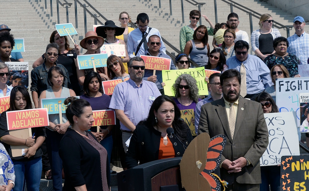 (Al Hartmann  |  The Salt Lake Tribune) 	
Legislators Angela Romero, front left, Luz Escamilla and Mark Archuleta Wheatley all spoke to a diverse group that gathered on the steps of the Utah Capitol on Tuesday, Sept. 5, 2017.  Comunidades Unidas (Communities United), which organized the event, said that the Trump adminstration's plans to end the DACA program is bad for Utah's families and economy. Individuals including 'Dreamers" spoke out for Congress to come up with alternative legislation.
