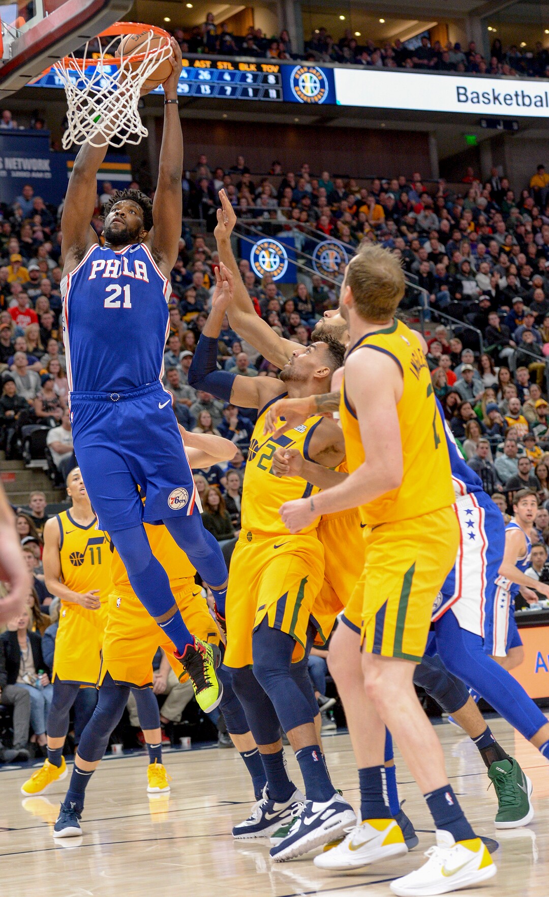 Leah Hogsten  |  The Salt Lake Tribune  Philadelphia 76ers center Joel Embiid (21) with the bucket. The Philadelphia 76ers defeated the Utah Jazz 114- 97 at Vivint Smart Home Arena, Thursday, December 27, 2018. 