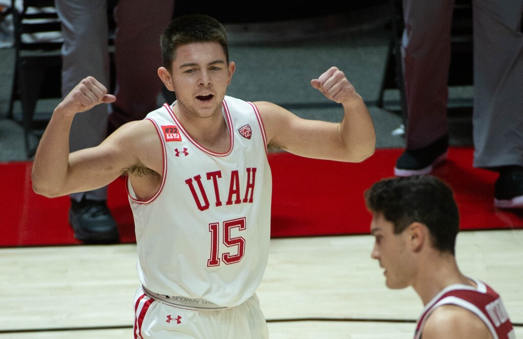 (Francisco Kjolseth  | The Salt Lake Tribune) Utah Utes guard Rylan Jones (15) celebrates a three pointer as the Utes host the Stanford Cardinals on Thursday, Jan. 14, 2021 at the Jon M. Huntsman Center in Salt Lake City.