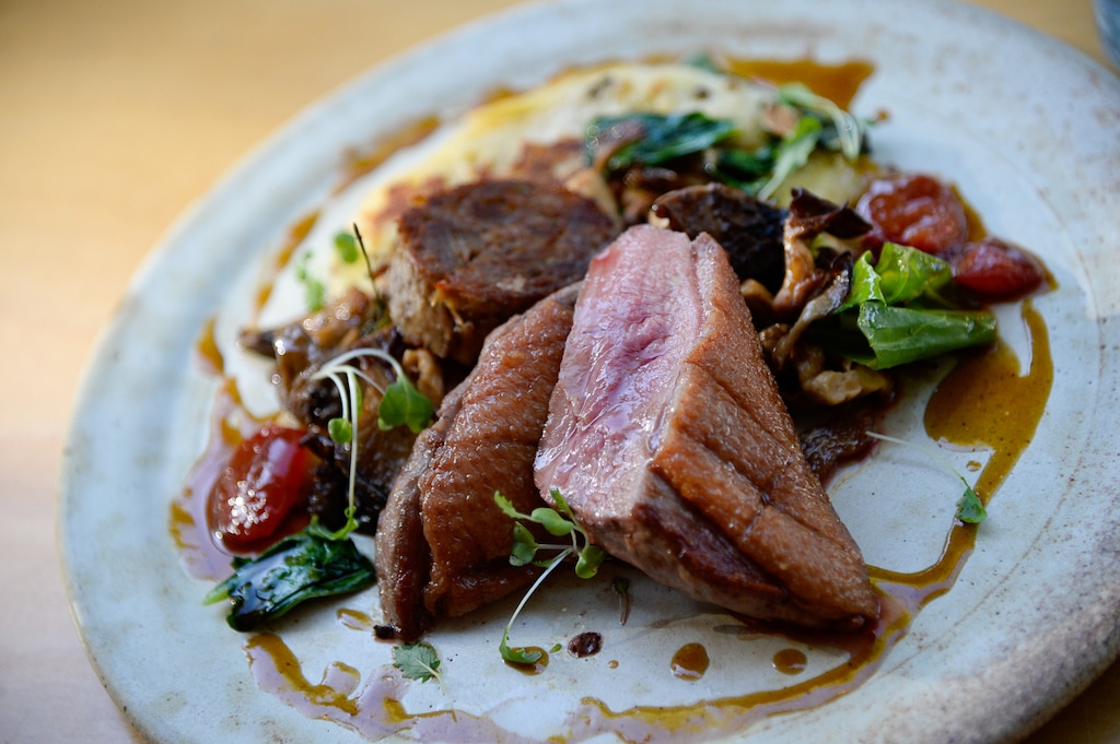 (Francisco Kjolseth  |  The Salt Lake Tribune)  The duck breast with sourdough pancake, duck confit, roasted mushrooms and local plum jus at Oquirrh, a new fine-dining restaurant in downtown Salt Lake City at 368 E. 100 South. 