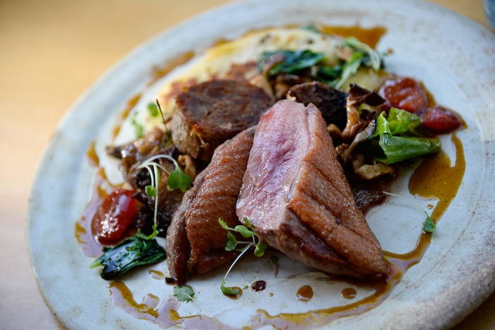 (Francisco Kjolseth  |  The Salt Lake Tribune)  The duck breast with sourdough pancake, duck confit, roasted mushrooms and local plum jus at Oquirrh, a new fine-dining restaurant in downtown Salt Lake City at 368 E. 100 South.