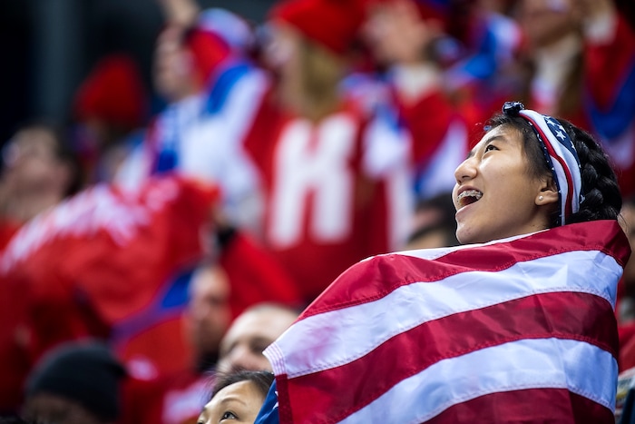(Chris Detrick  |  The Salt Lake Tribune)  A team USA fan watches during the United States vs Olympic Athletes from Russia hockey game at Gangneung Hockey Centre during the Pyeongchang 2018 Winter Olympics Saturday, Feb. 17, 2018. Olympic Athletes from Russia defeated United States 4-0.