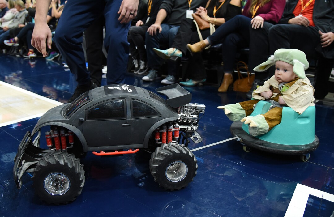 (Francisco Kjolseth  |  The Salt Lake Tribune) A baby Yoda gets dragged on to the court by a remote control car during Star Wars night as the Utah Jazz host the Orlando Magic in their NBA basketball game at Vivint Smart Home Arena in Salt Lake City on Tuesday. Dec. 17, 2019.