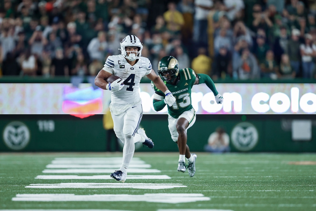 (Job McBride | BYU) LJ Martin runs for a touchdown against Colorado State on Saturday, Sept. 19, 2026.