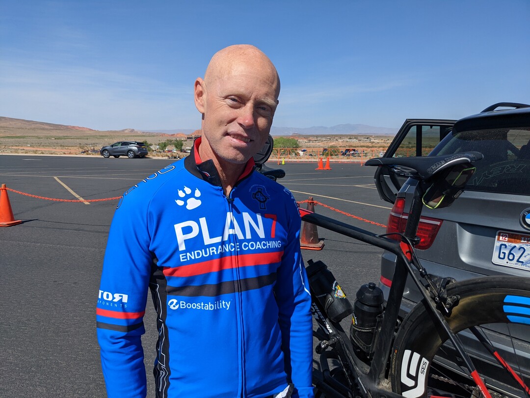 Julie Jag/The Salt Lake Tribune
Kyle Brown is still able to muster a small smile after the Kaysville triathlete could not coumplete the 2.4-mile swim before the cutoff time during the 2021 Ironman World Championships at Sand Hollow Reservoir near St. George on Saturday, May 7, 2022. Brown has Lou Gehrig's Disease and was hoping to become just the second person to complete an Ironman championship. His body didn't adjust well to the 65-degree water and he didn't finish before the 2 hour, 20 minute cutoff, but he didn't quit either. He finished the swim in 3:45:24.