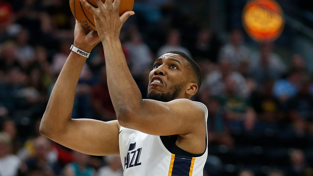 Utah Jazz center Tony Bradley goes to the basket during the first half of an NBA Summer League basketball game against the Cleveland Cavaliers Tuesday, July 2, 2019, in Salt Lake City. (AP Photo/Rick Bowmer)