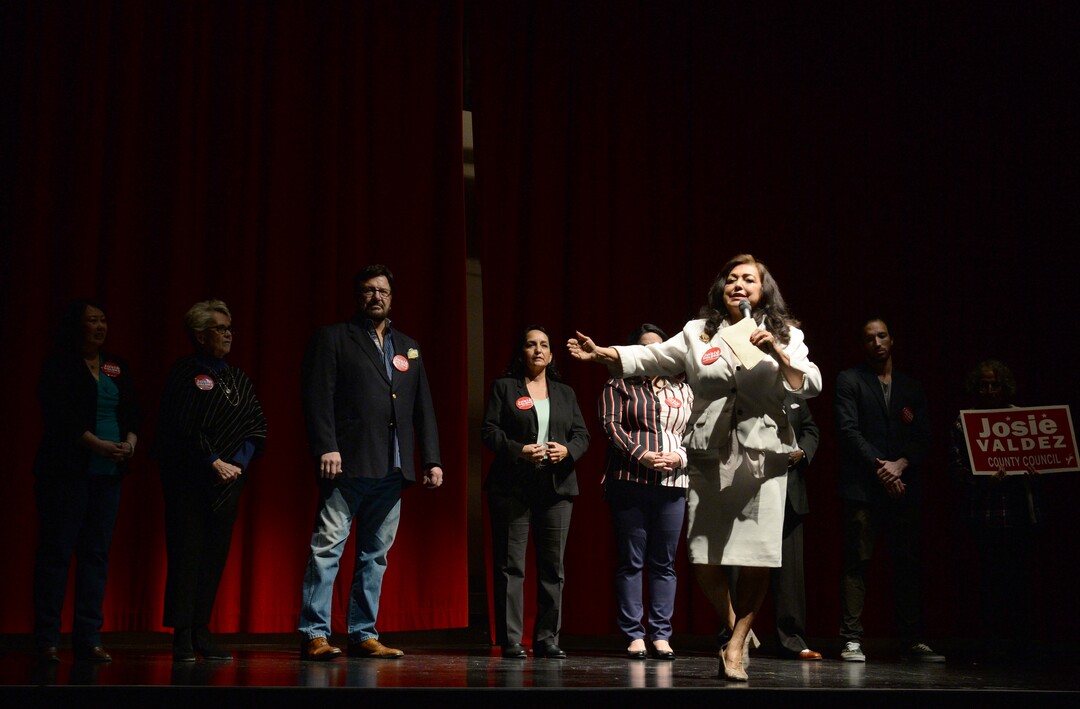(Rick Egan  |  The Salt Lake Tribune)     Josie Valdez, speaks to the Salt Lake County Democratic Party's Central Committee members, as one of 10 candidates vying the at-large Country Council seats left vacant by now-Salt Lake County Mayor Jenny Wilson, at Eisenhower Jr High, Saturday, Feb. 23, 2019.